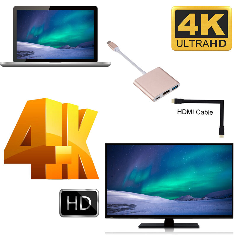 محول من kebidu نوع c إلى HDMI متوافق مع Usbc إلى HDMI متوافق/USB3.0/نوع C مهايئ من الألومنيوم من النوع C لـ Macbook
