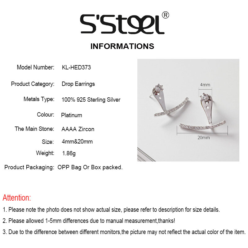 S'STEEL Curve Zircon Stud Earrings For Women Sterling Silver 925 Fashion Jewelry Pendientes Plata De Ley 925 Mujer Pendientes