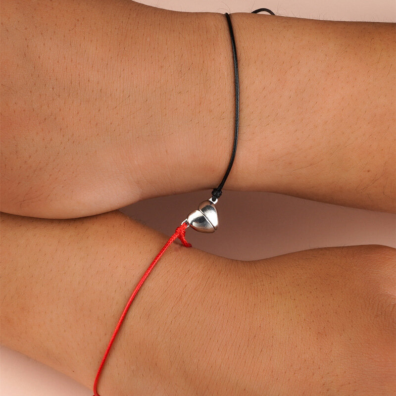 2PCS/Set Heart-shaped Magnet Couple Bracelet Adjustable Black Red Rope Hand Bracelet lucky Men Women Paired Bracelet No Card