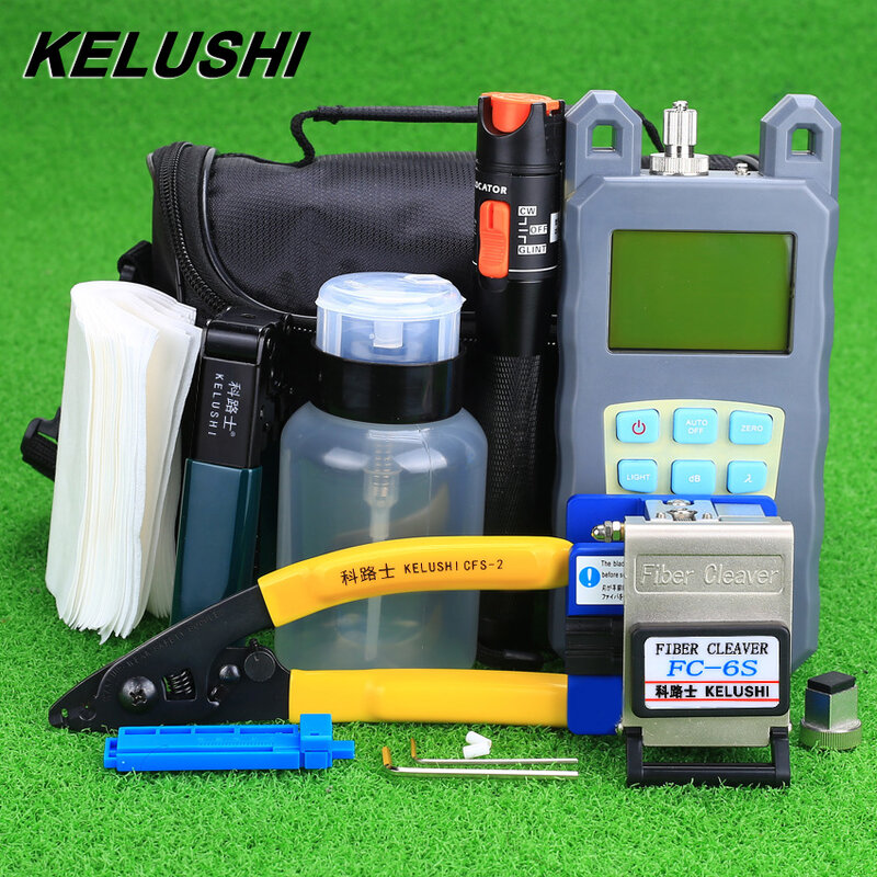 Kelushi 19 pçs/set kit de ferramentas ftth com FC-6S fibra cleaver e medidor potência óptica 10mw localizador visual falha óptica stripper