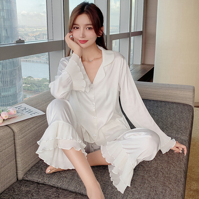 Wmyqdlq Pyjamas Spring And Autumn Ice Silk Pajamas Women Thin Fashion Long-Sleeved Trousers Two-Piece Suit Ladies Home Service