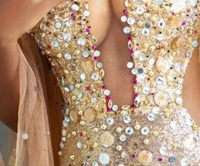 Arabski złoty syrenka Sexy suknie wieczorowe kryształy zroszony suknie balowe przezroczysta szyja formalna strona druga recepcja suknie