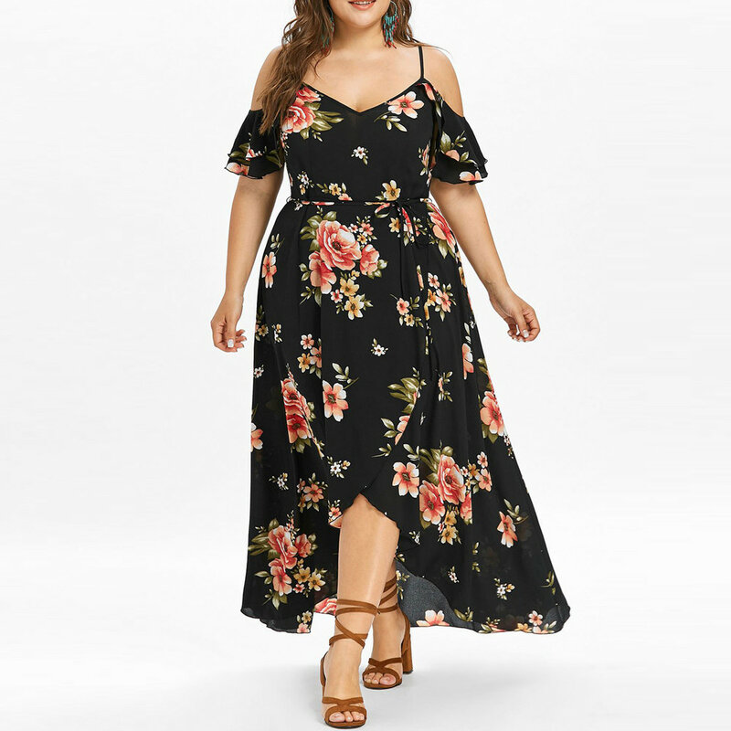 De talla grande de las mujeres pantalón corto Casual manga frío hombro Boho de talla grande estampado de flores vestido largo de playa de alta calidad vestidos Maxi vestido