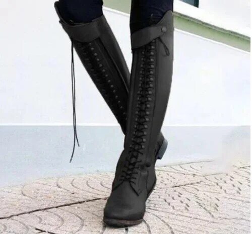 Novo retro feminino sapatos de caminhada senhoras botas longas joelho alto rendas até saltos planos alto equitação botas cavaleiro sapatos mais tamanho 35-43