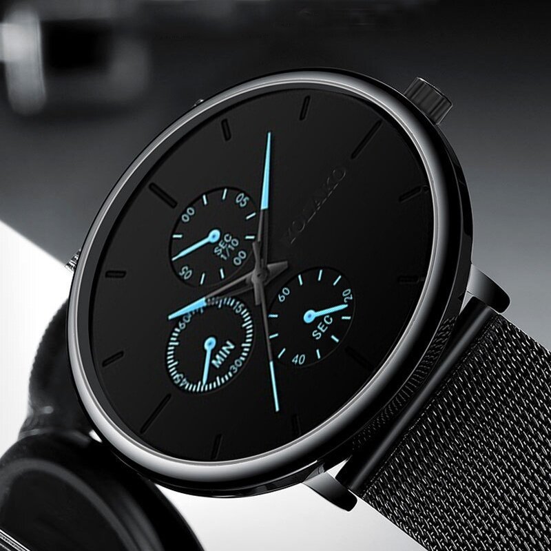 แฟชั่น Mens Business นาฬิกาสีดำสแตนเลสหรูหรา Ultra บางตาข่ายเข็มขัดควอตซ์นาฬิกาข้อมือผู้ชายนาฬิกาคลา...