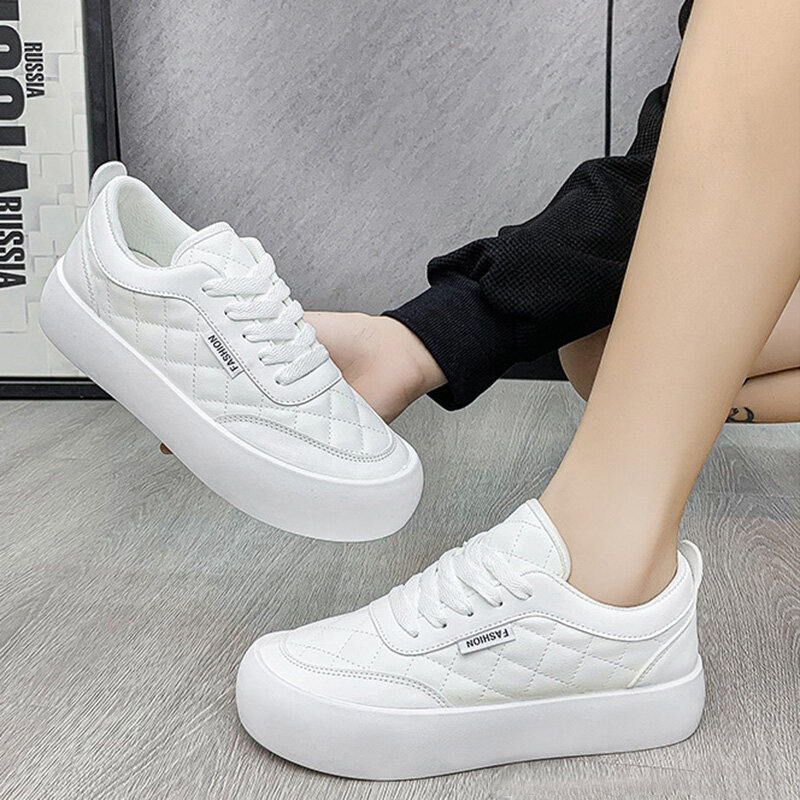 Women's Platform Sneakers Japanese Round-toe Bread Shoes Plaid Simple Casual Shoes 2021 New Lace-up Fashion White Shoes Zapatos