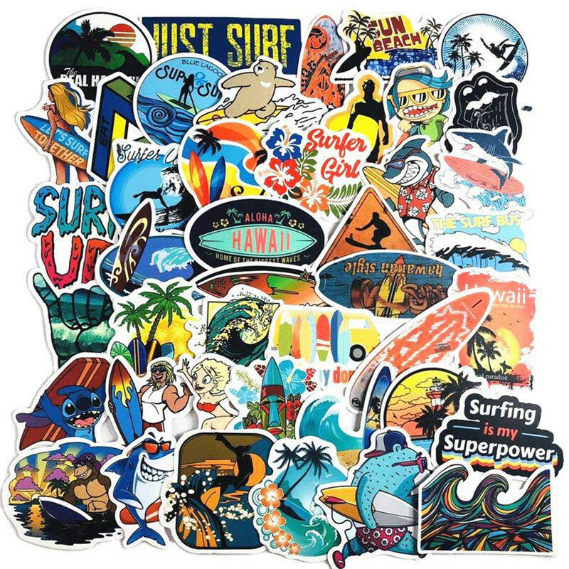 Autocollants waterproof Surf Beach Hawaii Time, 10/30/50 pièces, stickers, décalcomanies, pour skateboard, ordinateur portable, moto, bagages, téléphone, JEDIY