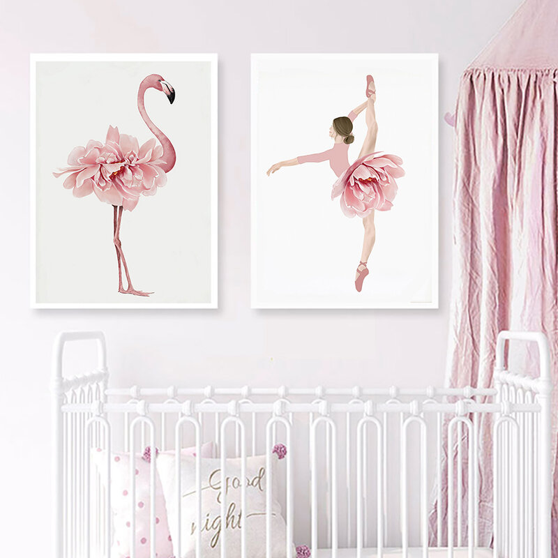 Sepatu Rok Tari Balet Flamingo Cat Air Seni Dinding Lukisan Kanvas Poster Nordic dan Gambar Cetak Dekorasi Ruangan Gadis Besar