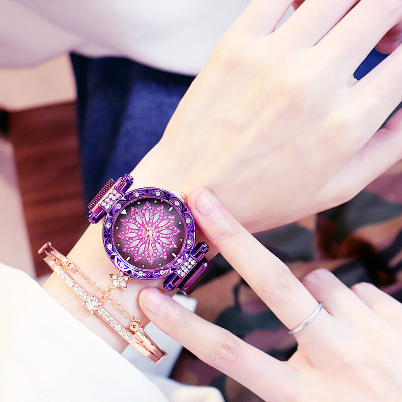 Moda donna maglia magnete fibbia orologio fiore fortunato orologio da donna di lusso con strass orologio al quarzo bracciale set donna Relogio Feminino