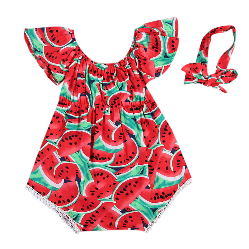 Conjunto de roupas estampadas de melancia, para bebês recém-nascidos, 2 peças, macacão com manga de babados + tiara para meninas 2020