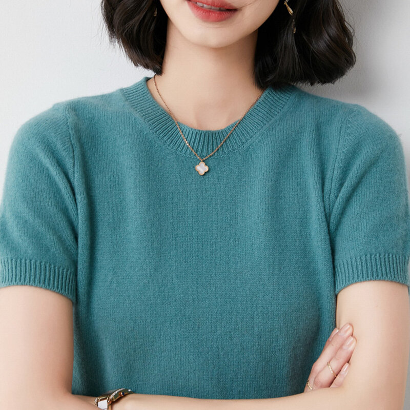 Camiseta de manga de punto para mujer, suéter de cuello redondo, primavera y otoño, 2021