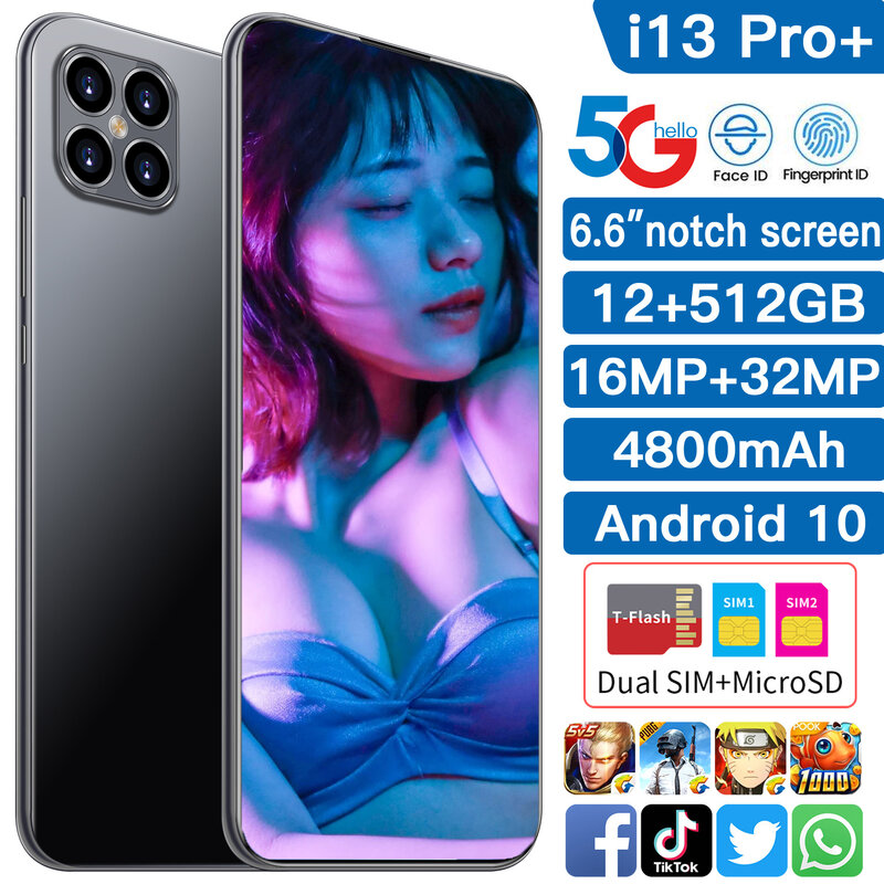 I13 Pro Ponsel Pintar Versi Global Game 5G 2021 Inci Pengenalan Wajah Snapdragon 6.6 888 MAh 12GB 4800 GB 10 Core 16Mp 32MP Penjualan Terbaik 512