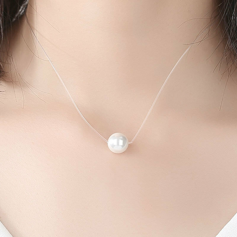SODROV Sterling Silver 925 10mm Pearl Necklace for Women Pearl Fish Line Chain Invisible Crystal Chain Necklace