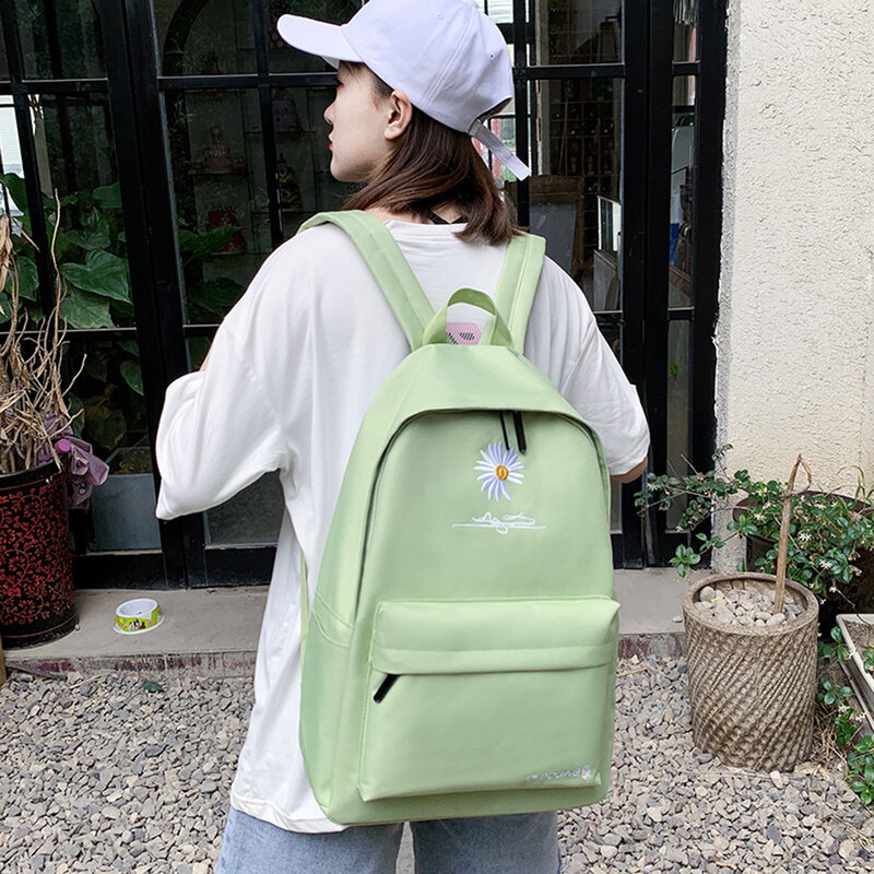 Mochila informal de lona para mujer, de gran capacidad bolso de viaje, color verde con bordado de margaritas, para estudiantes