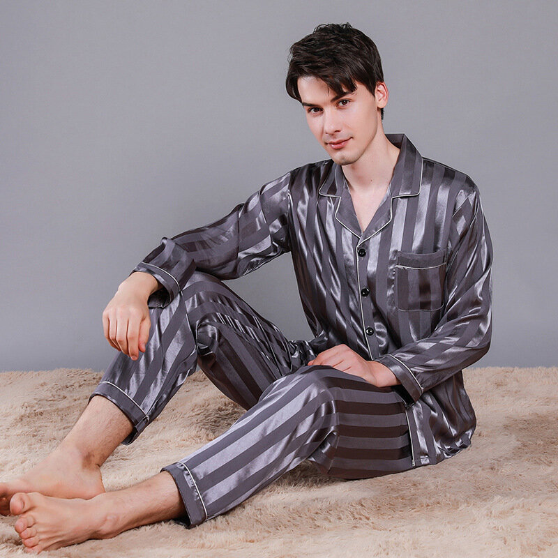 Pijamas de seda masculina primavera outono fino de duas peças cardigan listrado casa wear plus size calças de manga comprida masculino lounge wear ternos