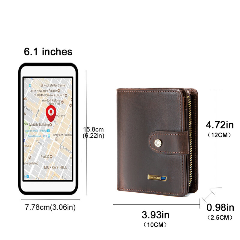 Billetera inteligente con GPS para hombre, billetera de cuero genuino con Bluetooth, tarjetero corto, monedero