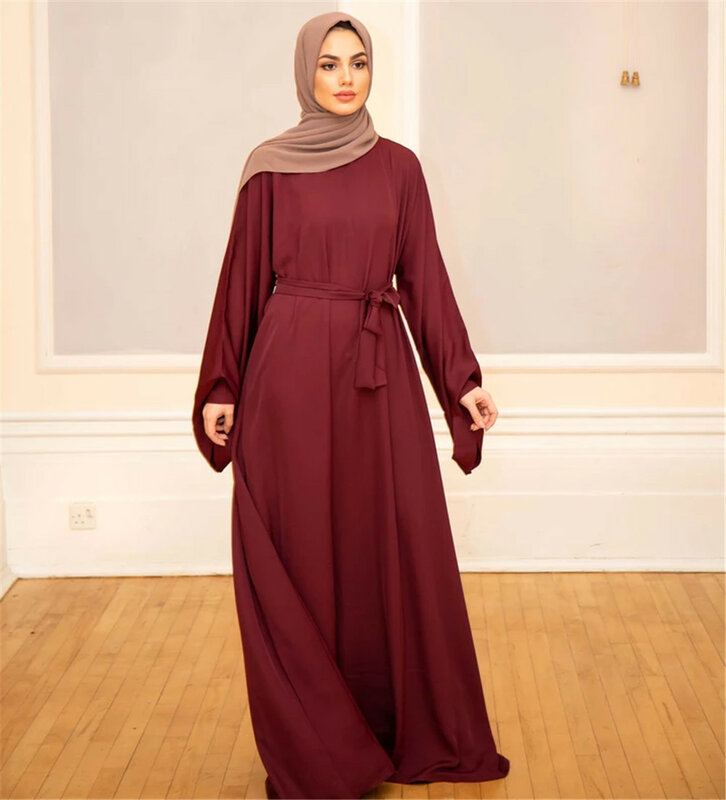 Tuniek Jurk Xl Islamitische Kleding Vlakte Moslim Jurk Eenvoudige Abaya Dubai Midden-oosten Mesh Lace-Up Vrouwelijke Gewaad