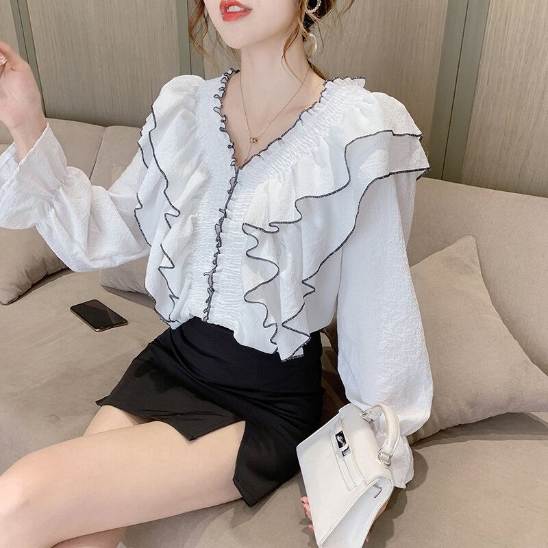 Женская шифоновая блузка с оборками, Повседневная однотонная белая блузка с длинным рукавом и V-образным вырезом, весна 2021