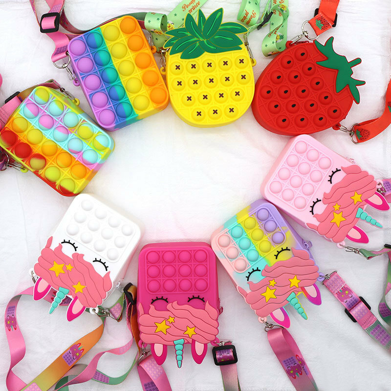 Moda Fidget giocattoli Push bolle giocattolo arcobaleno unicorno portamonete portafoglio borsa da donna silice semplice fossetta borse a tracolla per ragazze