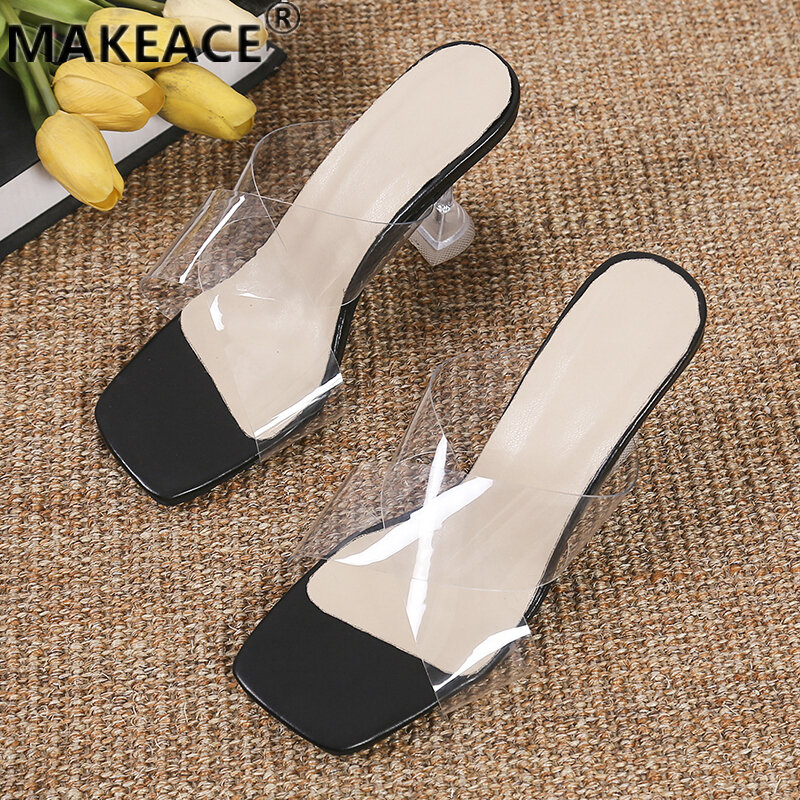 Summer Ladies' High Heel Slippers Outdoor Open-toe Sandals 36-43 Large Size Transparent Shoes Beach Party Banquet Shoes