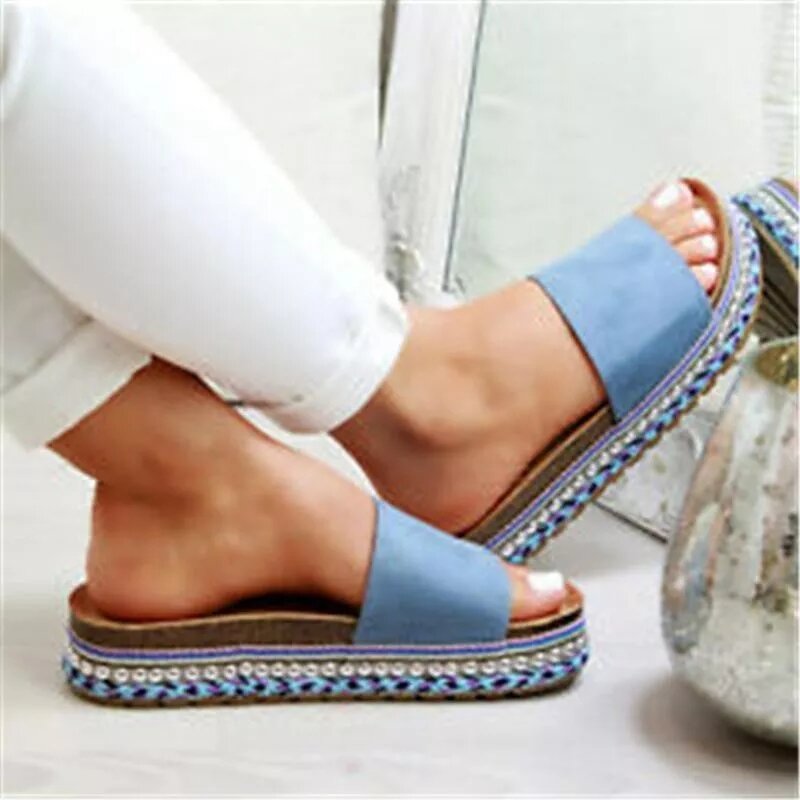 Zapatos de ante de imitación para mujer, sandalias informales de moda con suela plana y Punta abierta, Color sólido, 1KB075, 2021