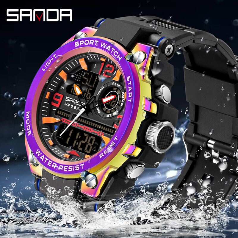 SANDA Outdoor Sports wojskowe zegarki męskie wodoodporny podwójny wyświetlacz kwarcowy zegarek mężczyźni symfonia LED cyfrowy męski zegar Relogios