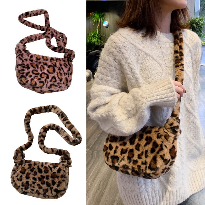 Fashion Crossbody Shoulder Bag Handbag Plush Faux Fur Soft Leopard Tote Bag