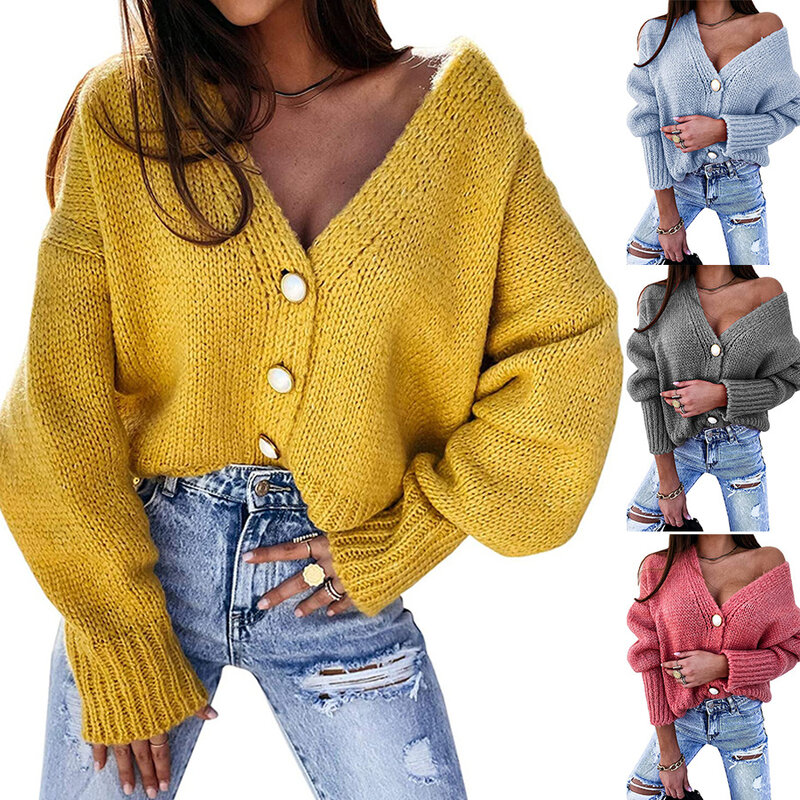 Cárdigan de punto grueso y suelto para mujer, suéter Vintage de manga larga con botones, ropa de abrigo para mujer