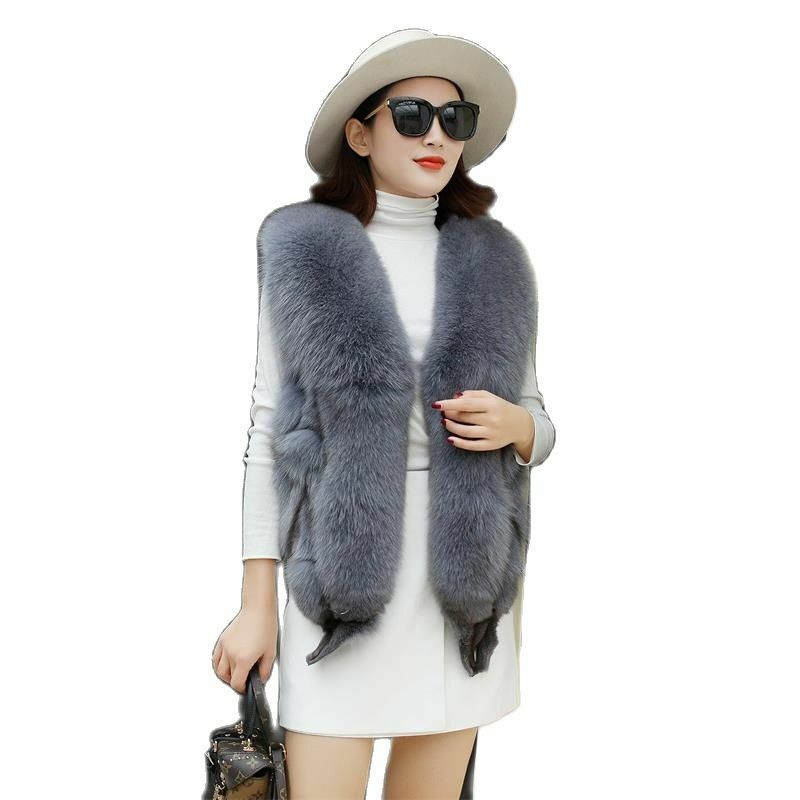 Real Fox Fur Vest Female Medium Long Natural Fox Fur Coat Jacket Waistcoat With Pockets Plus Size Sleeveless Autumn Winter Coat