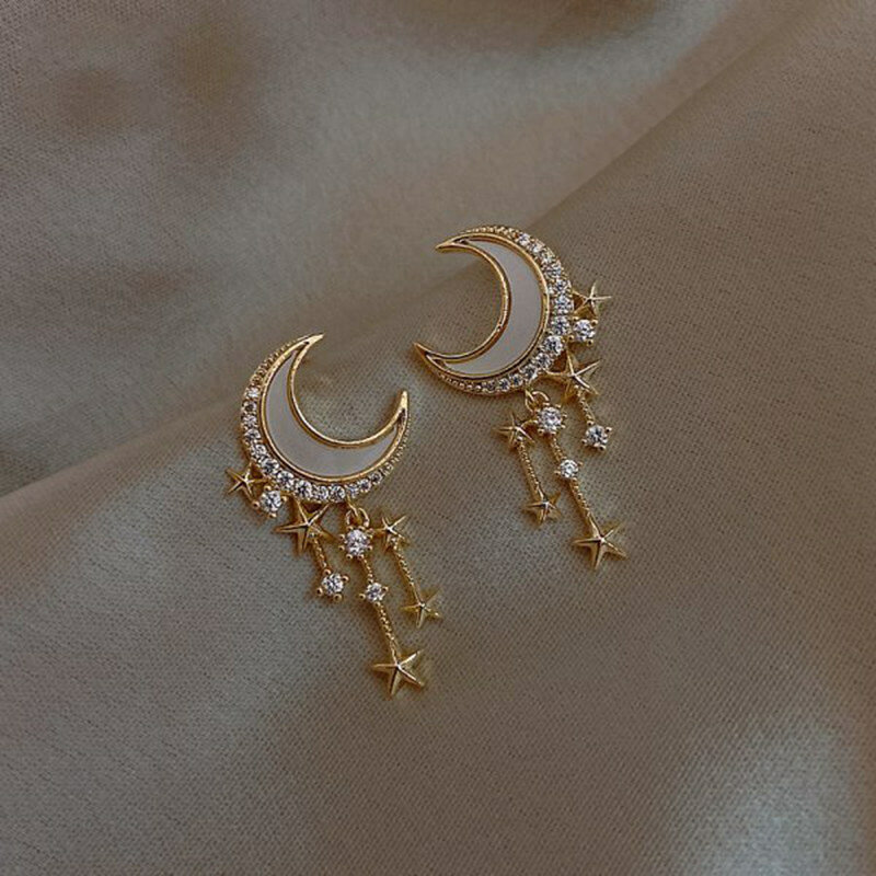 Brillanti orecchini a forma di cuore di cristallo con perle di luna per le donne Hollow coreano stella ciondola goccia dolce ragazze matrimonio gioielli Color oro