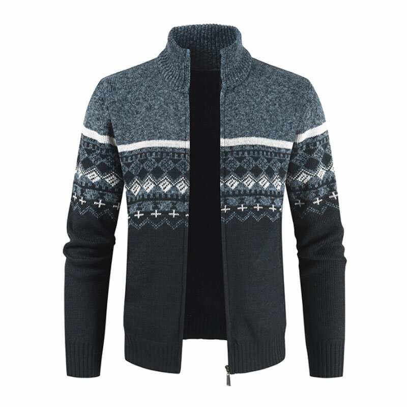 Stylish Thermal Insulated Fleece Lined Knitted Zip Cardigan Jumper Sweater Jumper Patchwork Casual Stand Collar Knitted Coat