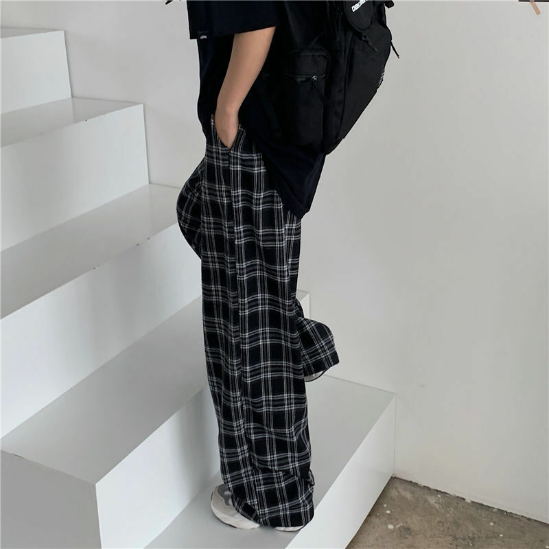 2021 oversize 3xl calças xadrez feminino casual solto calças de perna larga ins retro adolescentes calças retas hip-hop unisex streetwear