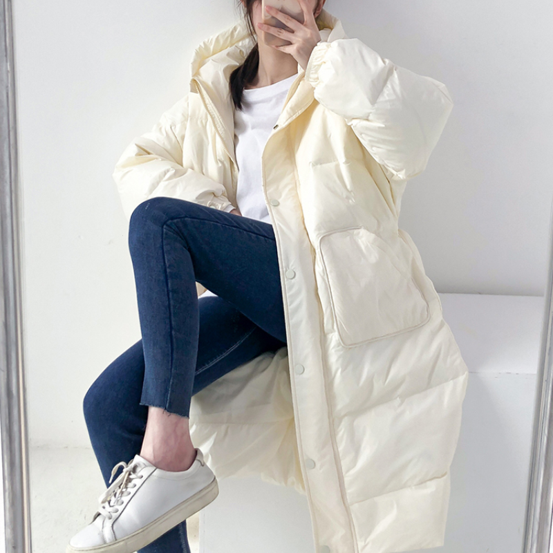 Inverno feminino jaqueta com capuz longo outono estilo coreano pato branco para baixo puffer casacos parkas roupas femininas veste femme 2021