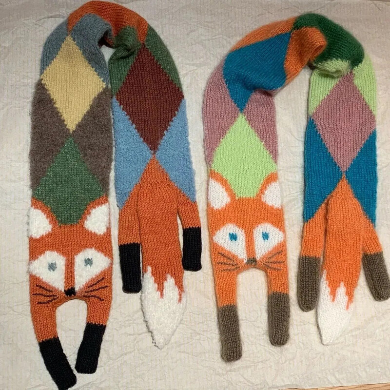 Bufandas de punto hechas a mano para niños, chales de dibujos animados de zorro, cuello grueso, de invierno