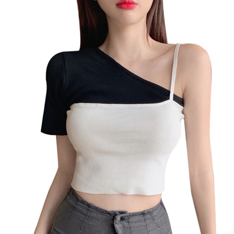 Onregelmatige Unieke Stijl Vrouwen T-shirt Kleur Sexy Veelzijdige Gebreide Korte Mouwen T-shirt Tops 2021 Koreaanse Mode Zomer Dragen