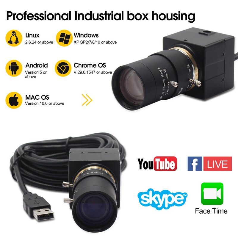 Câmera industrial de alta definição imx179 mini hd 8mp usb da lente 8megapixel varifocal do cctv 5-50mm da webcam de usb para o computador portátil