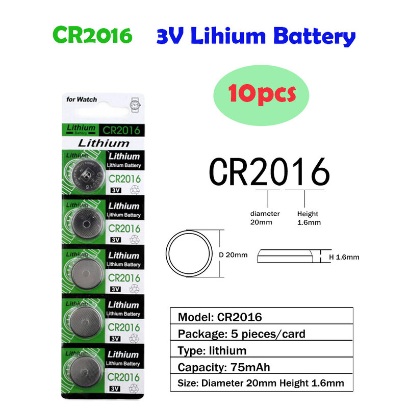 Pilas de botón CR2016 3V BR2016 DL2016 LM2016, batería de litio de celda 75mAh CR 2016 para reloj electrónico de juguete remoto, 10 Uds.