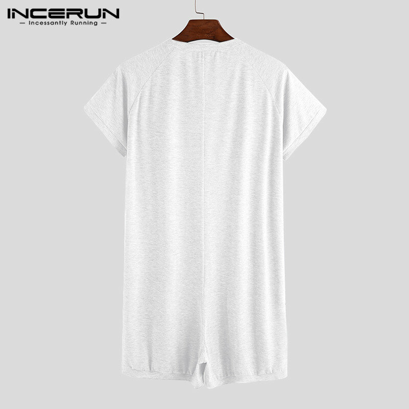INCERUN – pyjama à manches courtes pour homme, combinaison de nuit à boutons, Slim, à la mode, couleur unie, 2022, S-5XL