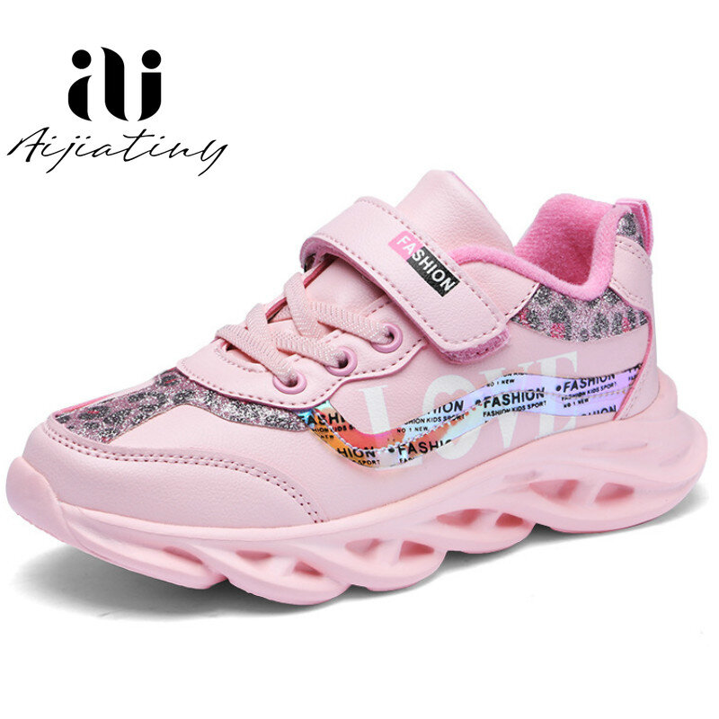 2020 outono Crianças Sapatos de desporto Para Meninas Sapatilhas Estudantes Crianças Sapatos de couro Respirável Tênis da moda Meninas rosa cor
