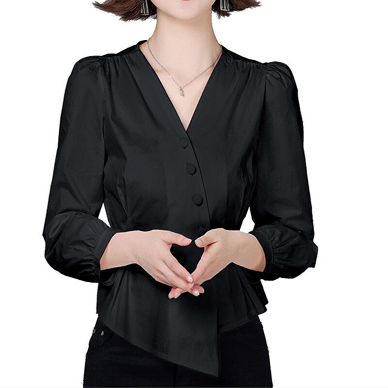 Chemise à lacets pour femmes, chemisiers solides à la mode pour femmes, inclinés à une rangée de boutons, hauts à manches longues, col en v, chemises basiques, 2021