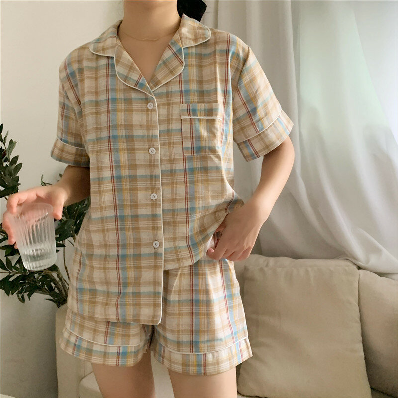 CAIYIER-Pijama con estampado de cuadrícula para mujer, ropa de dormir de manga corta, pantalones cortos de estilo coreano de ocio a la moda, traje de casa