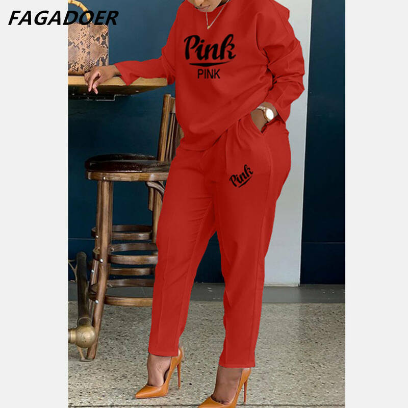 FAGADOER 2021ใหม่ผู้หญิงชุดสีชมพูพิมพ์ชุดหรูหรา2ชิ้นชุดหญิง Plus ขนาดกางเกงชุด tracksuits ยาว