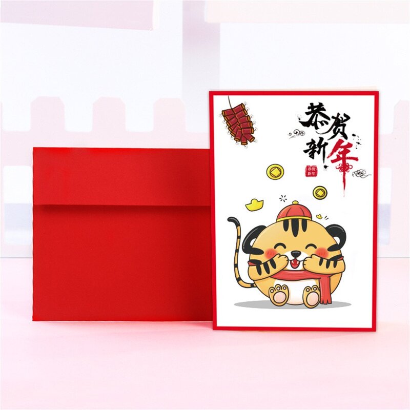 New Year Cartoon Greeting Cards Envelope 2022 Tiger Year Postcards Spring Festival Thank You Cards Decorations Gift