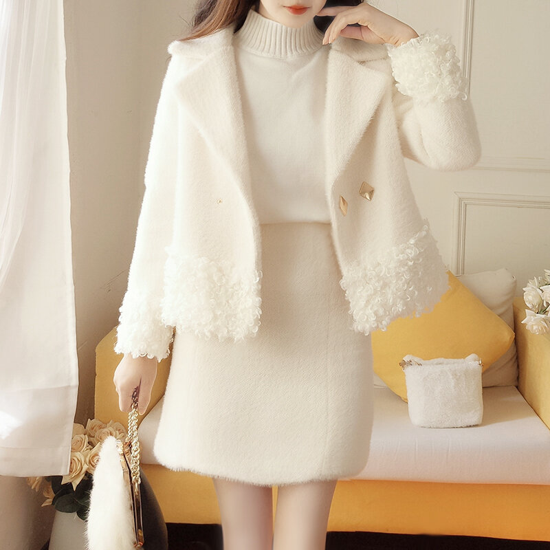 New Suit Long Sleeve villus Women Coat And Skirts Clothing Two Peice Set Women Imitation fur Neck 2020 Winter White Pink 870C