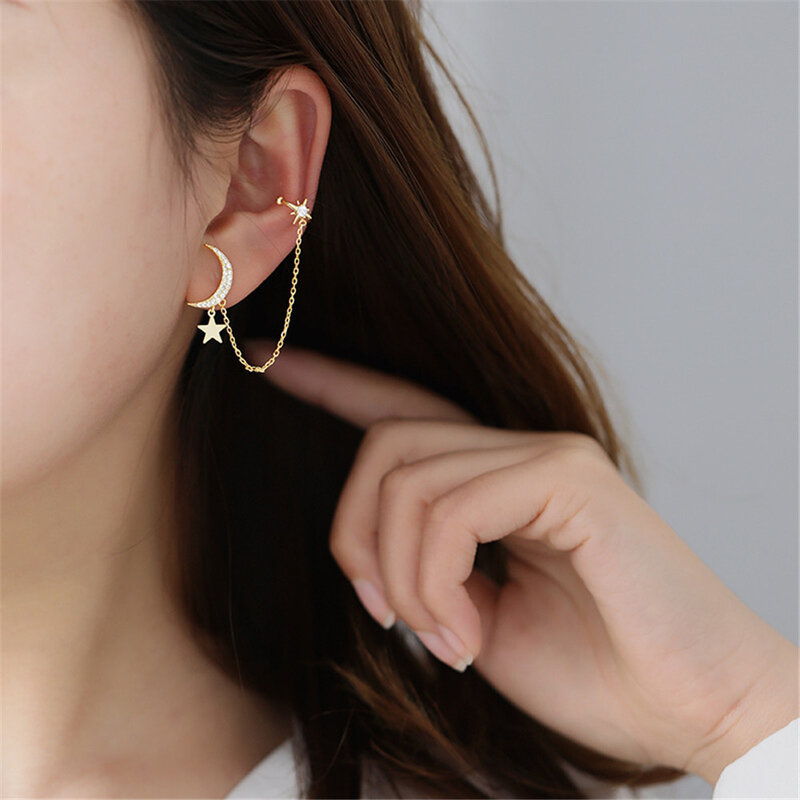Simple Moon Star Rhinestone Long Chain Earrings For Women Shine Crescent Geometric Tassel Piercing Earring Valentine Day Present