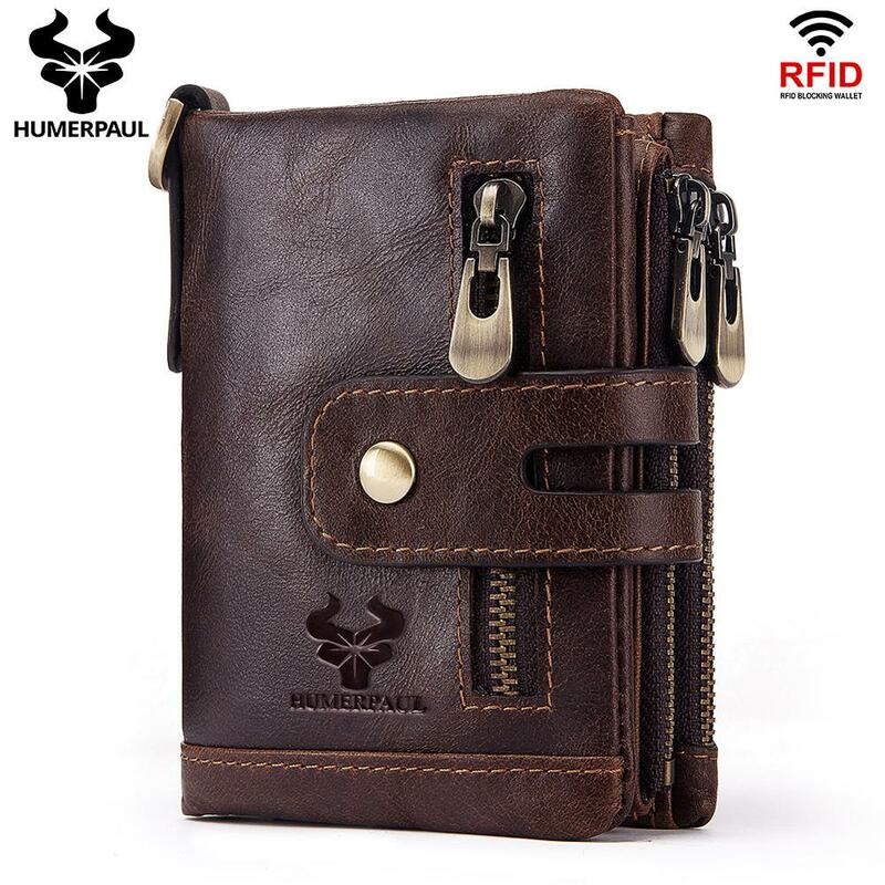 Head Layer Cow Leather Men's High Quality RFID Wallet with Chain Anti-Theft Male Purse Soft Money Bag Casual Cards Holder