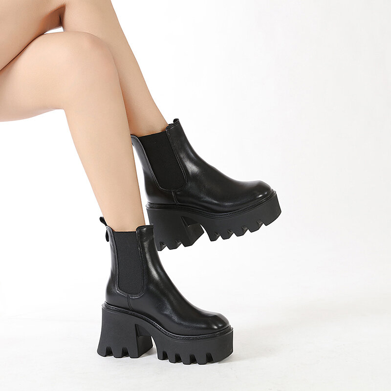 Botas de encaje y tobillo para mujer, Botines Chelsea, suela gruesa, botas de cuero negro, Punk gótico, novedad, 2021