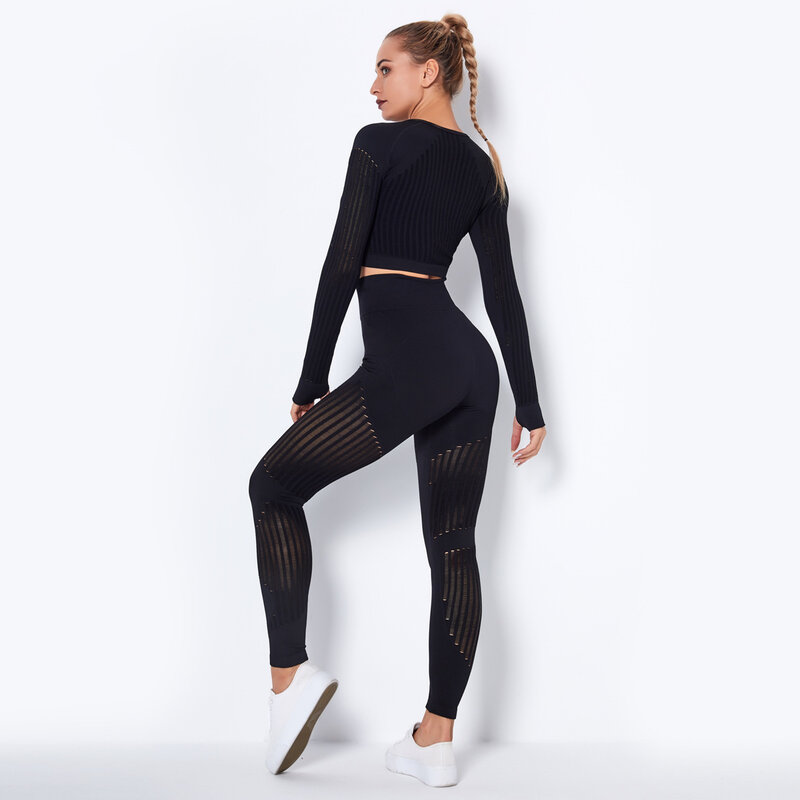 Pakaian Yoga Wanita Mulus 2 Buah Pakaian Olahraga Celana Ketat Pinggang Tinggi Celana Kebugaran Berongga Bergaris Set Yoga Pakaian Olahraga Kebugaran