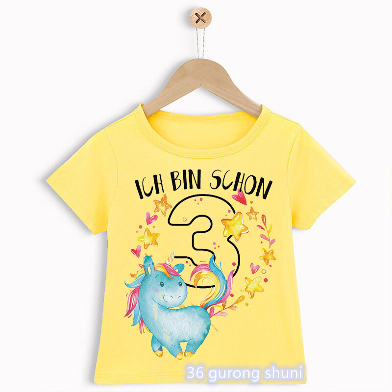Chłopcy i dziewczęta t-shirty jednorożec Cartoon prezent urodzinowy numer nazwa 2 3 4 5 6 lat drukuj T Shirt dzieci topy dzieci odzież T-Shirt