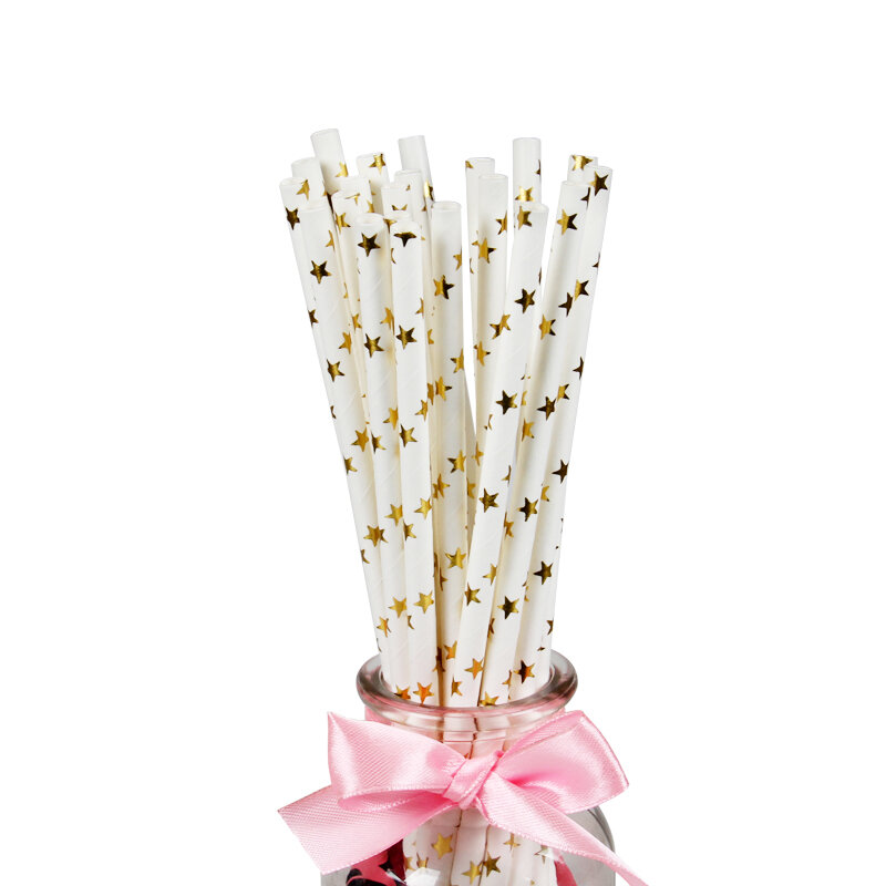25 szt. Jednorazowe papierowe słomki jednokolorowe kropki kraty w paski gwiazdy słomki urodziny wesele zaręczyny przybory dla niemowląt